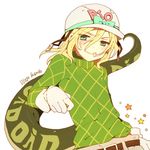  alice-whiteberry bad_id bad_pixiv_id bandage_on_face blonde_hair blue_eyes diego_brando gloves green_shirt hat jojo_no_kimyou_na_bouken lowres male_focus scary_monsters_(stand) shirt solo stand_(jojo) steel_ball_run sweater tail turtleneck 