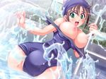  big_breasts breasts brown_hair erect_nipples green_eyes henshin_1 hot_water large_breasts nipples one-piece_swimsuit pool surprised swimsuit tentacle water water_tentacles 