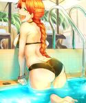  alternate_hairstyle arm_support ass back bakuya barefoot blue_eyes bracelet braid breasts drain_(object) feet from_behind highres hong_meiling jewelry long_hair medium_breasts open_mouth pool pool_ladder poolside red_hair sideways_mouth single_braid solo swimsuit touhou wading water 