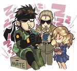  2boys big_boss blonde_hair blue_eyes box brown_hair camouflage cardboard_box chibi drinking drinking_straw eyepatch facial_hair gashi-gashi hair_slicked_back headband kazuhira_miller metal_gear_(series) metal_gear_solid metal_gear_solid_peace_walker military military_uniform multiple_boys naked_snake on_box one_eye_closed paz_ortega_andrade school_uniform sitting sitting_on_box stubble sunglasses uniform 