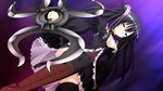  1girl absurdres black_hair blue_eyes boots breasts cleavage game_cg garter_belt gensou_no_idea:_oratorio_phantasm_historia heterochromia highres long_hair looking_down purple_eyes shinomori_rinon simple_background skirt solo standing thighhighs twintails weapon 