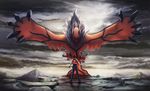  baseball_cap blue_eyes claws cloud dekus flying gen_6_pokemon hat highres horns legendary_pokemon looking_at_another monster mountain poke_ball pokemon pokemon_(creature) pokemon_(game) pokemon_xy red_(pokemon) red_(pokemon_rgby) rock tail wings yveltal 