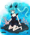  aqua_hair bad_id bad_pixiv_id biya blue_eyes bubble coral dress floating_hair hatsune_miku kneeling long_hair shinkai_shoujo_(vocaloid) solo twintails underwater vocaloid 