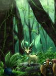  &#12479;&#12459;&#12484;&#12461; black_eyes brown_eyes eeveelution eyes_closed feral forest grass group leaf_tail leafeon looking_at_viewer nintendo oddish open_mouth outside paras pok&#233;mon pok&eacute;mon standing tree video_games 