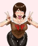  1girl ahegao amakura_mio blush breasts brown_eyes brown_hair clothed covered_nipples double_v dripping drooling erect_nipples fatal_frame fatal_frame_2 female fucked_silly impossible_clothes large_breasts leggings ml nipples open_mouth ribbon rolling_eyes saliva simple_background solo standing sweat tears teeth thigh_gap tongue tongue_out v white_background wide_hips 