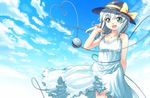  cloud day dress eyeball green_eyes green_hair hat hat_ribbon highres kimagure_ringo komeiji_koishi long_hair open_mouth ribbon sky sleeveless sleeveless_dress smile third_eye touhou 