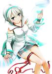  absurdres aqua_eyes belt detached_sleeves headset highres instrument keyboard_(instrument) leg_ribbon onceskylark open_mouth ribbon scroll short_hair side_slit solo transparent vocaloid vocanese white_hair wristband yanhe 