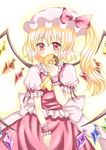  amiguri ascot blonde_hair bow covering_mouth doughnut flandre_scarlet food hat hat_ribbon looking_at_viewer mob_cap puffy_short_sleeves puffy_sleeves red_eyes ribbon shadow short_hair short_sleeves side_ponytail skirt skirt_set solo touhou white_background wings wrist_cuffs 