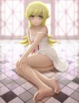  backlighting bare_legs bare_shoulders barefoot blonde_hair blush blush_stickers camisole dress feet highres legs long_hair long_legs looking_at_viewer monogatari_(series) no_lineart oshino_shinobu siraha sitting smile solo strap_slip yellow_eyes 