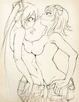  anger_vein asymmetrical_docking blush breast_contest breast_envy breast_press breasts denim eye_contact face-to-face frown gumi hair_ornament hand_on_hip hatsune_miku jeans long_hair looking_at_another medium_breasts monochrome multiple_girls pants pocket short_hair sketch small_breasts smile smug topless traditional_media twintails very_long_hair vocaloid wokada 