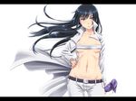  beelzebub_(manga) belt black_hair blue_eyes breasts budget_sarashi cleavage hand_on_hip kunieda_aoi letterboxed long_coat long_hair medium_breasts navel sarashi shikuta_maru solo weapon wind 