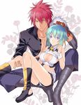  1girl aquarion_(series) aquarion_evol blonde_hair boots breasts cleavage cleavage_cutout gloves green_hair hair_ribbon hand_on_another's_head kagura_demuri medium_breasts mogutanabe purple_eyes red_hair ribbon short_hair zessica_wong 