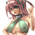  bikini black_eyes breasts collar covered_nipples criss-cross_halter eyepatch hair_ribbon halter_top halterneck hand_on_hip large_breasts long_hair looking_at_viewer open_mouth original pink_hair ribbon shuuru_(raysen) smile solo swimsuit two_side_up upper_body white_background 