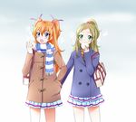  aria_gakuen_school_uniform bag blue_eyes blush coat cold couple eating green_eyes green_hair hair_bun half_updo hand_in_another's_pocket hands_in_pockets holding_hands houjou_hibiki kagami_chihiro long_hair minamino_kanade multiple_girls open_mouth orange_hair precure scarf school_bag school_uniform shared_pocket suite_precure two_side_up winter winter_clothes winter_coat yuri 