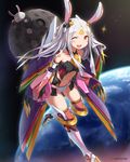  ;d animal_ears boots bunny_ears carrot claws collarbone crescent crescent_hair_ornament detached_sleeves dome earth facial_mark fake_animal_ears hair_ornament highres long_hair looking_at_viewer mecha_musume midriff momoiro_taisen_pairon moon navel one_eye_closed open_mouth original panties red_eyes revealing_clothes screw showgirl_skirt silver_hair smile solo space star thigh_boots thighhighs torii underwear white_panties wide_sleeves zenn 