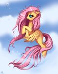  cloud clouds cutie_mark cyan_eyes day equine feathers female feral floppy_ears fluttershy_(mlp) flying freckles friendship_is_magic fur hair horse long_hair mammal my_little_pony outside pegasus pink_hair pony ruhje signature sky smile solo wings yellow_fur 