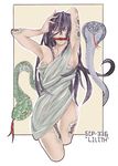  armpits arms_up black_hair breasts cobra_(animal) fangs foreign_wine gagged highres hips large_breasts long_hair monster_girl open_mouth scales scp-336 scp_foundation slit_pupils snake solo toga yellow_eyes 