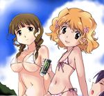  bikini braid breasts brown_eyes brown_hair can energy_drink flat_chest flower hair_flower hair_ornament hanasaku_iroha large_breasts long_hair matsumae_ohana micro_bikini monster_energy multiple_girls oshimizu_nako short_hair small_breasts soda_can swimsuit t2 tsurugi_minko twin_braids underboob 