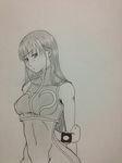  chun-li hair_down holding_arm monochrome n0ma solo street_fighter street_fighter_zero_(series) 