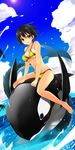  barefoot bikini black_hair brown_eyes cloud day highres kamiyoshi_rika legs o-ring o-ring_top ocean open_mouth original riding sea_serpent short_hair sky smile solo strap_gap swimsuit water 