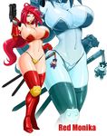  1girl ahoge battle_chasers blue_eyes breasts bursting_breasts character_name choker cleavage collarbone devil-v earrings elbow_gloves g-string gloves gun headband high_heels hips huge_breasts jewelry knees legs legwear lips long_hair long_legs midriff navel ponytail red_hair red_legwear red_monika shiny shiny_skin solo sword thighhighs thighs thong weapon white_background wide_hips zoom_layer 