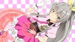  ahoge checkered checkered_background corset gloves green_eyes hair_ribbon haiyore!_nyaruko-san kamen_rider kamen_rider_wizard_(series) long_hair magic_circle necktie nyarlathotep_(nyaruko-san) pentagram ponytail ribbon silver_hair skirt smile solo white_gloves yuto_(dialique) 