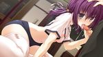  16:9 1girl akatsuki_tetora areolae black_eyes bloomers blush breasts buruma censored cum cum_in_mouth game_cg gym_uniform hand_on_head handjob highres mosaic_censoring navel nipples no_bra oral otome_ha_karen_ni_koi_ni_mai! penis purple_hair shirt_lift short_hair sitting small_breasts smile sumegami_hazuki twintails underwear 