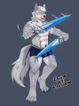  2018 abs absurd_res anthro biceps canine clothing darkzerojack digital_media_(artwork) dual_wielding fur glowing hair hi_res holding_object holding_weapon male mammal melee_weapon muscular muscular_male pecs pose shorts simple_background sword weapon wolf 