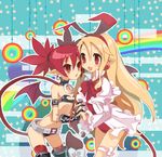  bare_shoulders belt blonde_hair blush boots buckle choker demon_girl demon_tail disgaea earrings etna flonne flonne_(fallen_angel) gloves holding_hands jewelry koppen leotard long_hair long_sleeves multiple_girls open_mouth pointy_ears red_eyes red_hair red_leotard ribbon short_shorts shorts skull slit_pupils star tail thighhighs twintails wings 