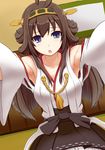  :o blue_eyes blush breasts brown_hair detached_sleeves hair_ornament hairband headgear highres japanese_clothes kantai_collection kongou_(kantai_collection) long_hair medium_breasts open_mouth outstretched_arms skirt solo towamin wide_sleeves 
