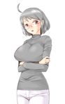  ahoge breast_hold breasts brown_eyes crossed_arms glasses grey_hair huge_breasts minato_(leap-up) parted_lips semi-rimless_eyewear servant_x_service sweater turtleneck under-rim_eyewear yamagami_lucy 