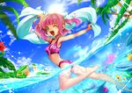  animal_ears bad_id bad_pixiv_id barefoot bikini cat_ears day fang fish flower green_eyes hibiscus legs ocean one_eye_closed palm_tree pink_hair riko_(k_riko) short_hair sky smile solo swimsuit tree twintails umi_monogatari urin_(umi_monogatari) wading 