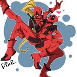  1boy 1girl blonde_hair boots breasts deadpool dual_persona gloves lady_deadpool marvel mask ponytail 