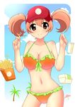  bad_id bad_pixiv_id beach bikini breasts brown_eyes brown_hair cloud day food french_fries hat hataraku_maou-sama! junk_doppel large_breasts palm_tree parasol sasaki_chiho short_hair short_twintails sky smile solo swimsuit tree twintails umbrella visor_cap 