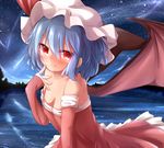  absurdres adapted_costume bare_shoulders bat_wings blue_hair blush breasts cleavage collarbone detached_sleeves dress fang forest hat hat_ribbon highres kisa_(k_isa) lake long_sleeves looking_at_viewer mob_cap nature night pink_dress red_eyes remilia_scarlet ribbon sky small_breasts smile solo star_(sky) starry_sky strapless strapless_dress touhou wings 