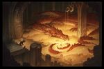  bilbo_baggins bilbo_boggins claws dragon duo gold hobbit horn jewelry justin_gerard lying male pillar red_dragon scalie sleeping smaug smoke stair stairs treasure watching wings 