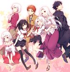  5girls ;d barefoot black_eyes black_hair emiya_kiritsugu emiya_shirou family fate/kaleid_liner_prisma_illya fate/zero fate_(series) father_and_daughter father_and_son food homurahara_academy_uniform illyasviel_von_einzbern irisviel_von_einzbern kuroemon leysritt midriff miyu_edelfelt mother_and_daughter mother_and_son mouth_hold multiple_boys multiple_girls navel one_eye_closed open_mouth orange_hair pocky red_eyes sandals school_uniform sella side_ponytail smile thighhighs white_hair yellow_eyes 