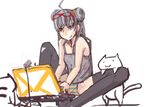  :3 ahoge black_legwear blue_eyes cat computer double_bun eyewear_on_head flat_chest hair_ornament hairclip heterochromia indian_style laptop long_hair panties panties_(pantsu-pirate) personification reddit reddit-tan silver_hair sitting solo striped striped_panties tank_top thighhighs underwear webcam yellow_eyes 