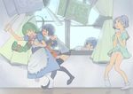  7-tan 98-tan 98se-tan ahoge akinbo_(hyouka_fuyou) apron blue_eyes blue_hair blush bob_cut box braid dress elbow_gloves gloves green_hair hair_ornament hairband hairclip hug hug_from_behind madobe_nanami me-tan multiple_girls os-tan panties short_hair skirt smile thighhighs twin_braids underwear white_panties window 