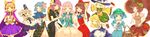  6+girls ^_^ absurdres animal_ears blonde_hair blue_eyes blue_hair bow brown_eyes brown_hair bubble_skirt cape character_mask closed_eyes detached_sleeves dress earmuffs everyone futatsuiwa_mamizou glasses gradient_hair grey_eyes grey_hair hair_bobbles hair_bow hair_ornament hair_tubes hakurei_reimu hat hata_no_kokoro highres hijiri_byakuren hillly_(maiwetea) holding_hands hopeless_masquerade kawashiro_nitori kirisame_marisa komeiji_koishi kumoi_ichirin long_image mask mononobe_no_futo multicolored_hair multiple_girls noh_mask open_mouth pink_hair plaid plaid_shirt ponytail raccoon_ears raccoon_tail ritual_baton shirt simple_background skirt skirt_set smile tail tate_eboshi tears touhou toyosatomimi_no_miko two_side_up unzan white_background wide_image wide_sleeves witch_hat 