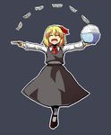 :d ^_^ bad_id bad_pixiv_id blonde_hair blouse blush bowl chopsticks closed_eyes crossed_legs fang fish food full_body grey_background hair_ribbon holding long_sleeves open_mouth outstretched_arms ribbon rice rice_bowl rumia shoes short_hair simple_background sitting smile solo spread_arms tebukuro_withana touhou vest 