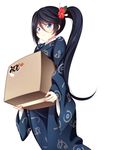  black_hair blue_eyes box cardboard_box carrying hataraku_maou-sama! japanese_clothes kamazuki_suzuno kimono long_hair p_book side_ponytail simple_background solo white_background 