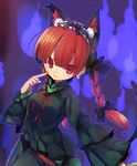  animal_ears bad_id bad_pixiv_id blush bow braid cat_ears cat_tail dress earrings extra_ears fang hair_bow hairband jewelry ju-zika kaenbyou_rin long_hair looking_at_viewer red_eyes red_hair skull smile solo tail touhou twin_braids twintails 