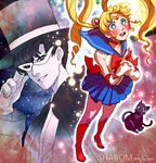  1girl artist_name back_bow bad_id bad_pixiv_id bishoujo_senshi_sailor_moon blonde_hair blue_sailor_collar blue_skirt blush boots bow cat chiba_mamoru choker gloves hands_clasped hat heart heart-shaped_pupils hetero knee_boots long_hair luna_(sailor_moon) mask own_hands_together red_bow red_choker sailor_collar sailor_moon sailor_senshi_uniform shabomu skirt symbol-shaped_pupils tiara top_hat tsukino_usagi tuxedo_kamen twintails watermark web_address white_gloves 