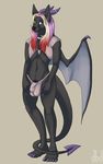  black_nose bulge canine claws collar dbd dragon ear_piercing girly hair horn hybrid jackal male mammal multi-colored_hair piercing plain_background solo standing toe_claws wings 