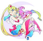  back_bow bishoujo_senshi_sailor_moon blonde_hair blue_sailor_collar blue_skirt boots bow choker elbow_gloves gloves knee_boots long_hair multiple_girls pink_footwear pink_sailor_collar purple_hair red_bow red_choker sailor_chibi_moon sailor_collar sailor_moon sailor_senshi_uniform skirt tsukino_usagi twintails white_gloves yoneyama_mai 