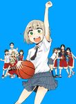  6+girls :d arm_up b.b.girls basketball basketball_uniform black_hair blonde_hair blue_background blue_eyes blush brown_eyes brown_hair character_request dress_shirt green_eyes gym_shirt gym_shorts hand_on_shoulder head_rest jersey kishi_eri kumichou_(kumichoubox) long_hair mishima_isami multiple_girls necktie open_mouth raised_fist school_uniform shirt shoes short_hair shorts skirt smile sneakers sportswear squatting twintails wristband 