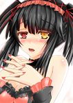  bare_shoulders black_hair blush breasts clock_eyes date_a_live gladius_pvp hairband heterochromia highres lolita_fashion lolita_hairband long_hair looking_at_viewer medium_breasts open_mouth red_eyes simple_background solo symbol-shaped_pupils tokisaki_kurumi twintails white_background yellow_eyes 