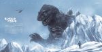  aircraft anniversary dinosaur epic giant_monster godzilla godzilla_(series) helicopter highres hiker ice kaijuu monster mountain noger_chen snow text_focus 