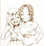  :d ^_^ ^o^ breast_grab breasts christa_renz closed_eyes collarbone grabbing grin head_tilt looking_at_viewer multiple_girls open_mouth puni_(artist) round_teeth shingeki_no_kyojin shirt simple_background smile t-shirt teeth white_background ymir_(shingeki_no_kyojin) 